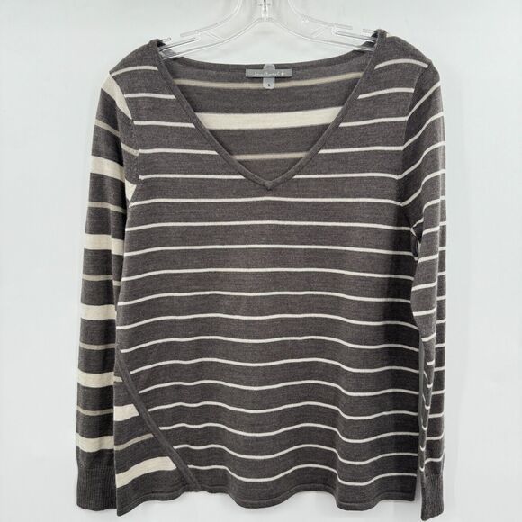 Smartwool Women's Mixed Striped Sweater Size S Brown Tan Merino Wool V-Neck - Picture 1 of 9